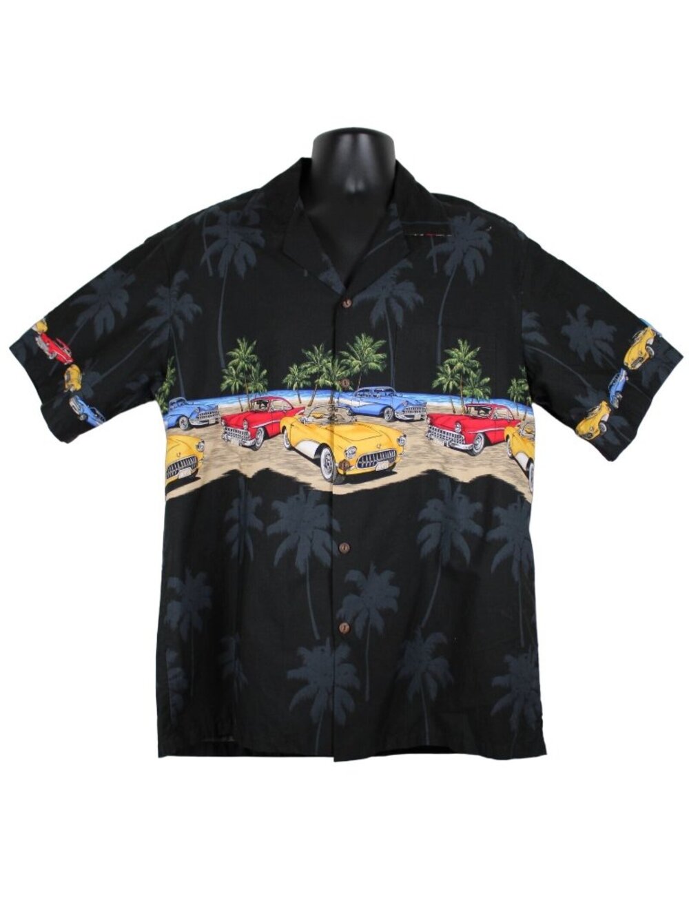 Pacific Legend 50s Cars Hawaiian Aloha Shirt Button Up Black Mens Lg Corvette
